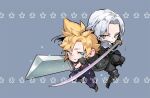  2boys aqua_eyes armor back-to-back black_footwear black_pants blonde_hair blue_pants blue_shirt buster_sword chibi cloud_strife fighting_stance final_fantasy final_fantasy_vii final_fantasy_vii_remake full_body furrowed_brow green_eyes grey_background grey_hair holding holding_sword holding_weapon ippus katana long_hair looking_at_viewer male_focus masamune_(ff7) multiple_boys pants parted_bangs parted_lips sephiroth shirt short_hair shoulder_armor spiky_hair sword weapon 