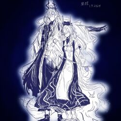  arknights brother_and_sister dragon_boy dragon_girl dragon_horns dragon_tail greyscale hat highres horns jie_(arknights) long_hair monochrome non-web_source siblings smile standing tail wang_(arknights) 