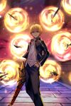  1boy black_jacket black_pants blonde_hair ea_(fate/stay_night) evil_smile fate/stay_night fate_(series) gate_of_babylon_(fate) gilgamesh_(fate) hand_in_pocket hankuri holding holding_sword holding_weapon jacket looking_at_viewer male_focus open_clothes open_jacket pants pocket red_eyes shirt short_hair smile solo sword weapon white_shirt 