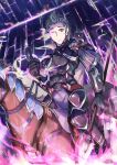  1boy armor barding collared_cape fire_emblem fire_emblem_fates green_eyes grey_hair highres holding holding_polearm holding_weapon horse horseback_riding male_focus polearm quiff riding shoulder_armor silas_(fire_emblem) weapon zuyuu_(zghost57) 