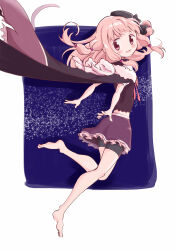  1girl bare_legs barefoot beret black_hat blue_background blush cloak feet full_body hat highres long_hair looking_at_viewer magia_record:_mahou_shoujo_madoka_magica_gaiden mahou_shoujo_madoka_magica multi-tied_hair open_mouth pink_eyes pink_hair purple_hood qururu sidelocks skirt smile solo tamaki_ui toes two-tone_background white_background white_cloak 