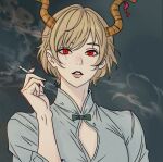  1girl antlers blonde_hair blue_shirtn cigarette divadiva548447 dragon_girl dragon_horns holding holding_cigarette horns kicchou_yachie looking_at_viewer open_mouth red_eyes short_hair simple_background smoke smoking touhou 