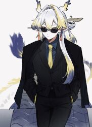  1girl alternate_costume arknights black_cape black_jacket black_pants blazer blonde_hair blue_shirt buttons cape closed_mouth collared_shirt commentary_request cowboy_shot dragon_girl dragon_horns dragon_tail earrings formal grey_background grey_eyes hair_between_eyes hair_intakes hands_in_pockets highres horns jacket jewelry lapels long_sleeves looking_to_the_side multicolored_hair necktie pants pointy_ears purple_cape purple_hair shirt shu_(arknights) solo sunglasses tail two-sided_cape two-sided_fabric white_hair yellow_necktie yunomi_(yunomi1129) 