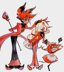  1boy 2girls alastor_(hazbin_hotel) arm_behind_back black_hair blonde_hair bug cane charlie_morningstar cockroach colored_skin commentary_request dress formal grin hazbin_hotel headpat height_difference highres holding holding_cane long_hair multicolored_hair multiple_girls niffty_(hazbin_hotel) noppo_(nopon) one-eyed red_eyes redhead sharp_teeth short_hair simple_background smile suit teeth white_skin yellow_eyes 