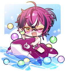  1boy ahoge barefoot blush border chibi clouds commentary cup doppio_dropscythe drinking_straw eyebrow_piercing eyes_visible_through_eyewear fangs flower green_eyes halftone heart heart-shaped_eyewear highres holding holding_cup inflatable_toy inflatable_whale male_focus male_swimwear male_underwear multicolored_hair nijisanji nijisanji_en one_eye_closed open_mouth piercing pink_flower ponytail purple_hair purple_male_underwear shinoda_mame short_ponytail streaked_hair swim_trunks symbol-only_commentary teeth topless_male tropical_drink underwear upper_teeth_only water white_border 