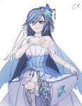  1girl absurdres angdyuangdyu bare_shoulders bird_hair_ornament blue_eyes blue_hair bow closed_mouth dress earrings fu_hua fu_hua_(azure_empyrea) fu_hua_(cerulean_court) grey_hair hair_between_eyes hair_bow hair_ornament halter_dress halterneck highres honkai_(series) honkai_impact_3rd jewelry light_smile long_hair looking_at_viewer multicolored_clothes multicolored_dress official_alternate_costume simple_background single_earring sleeveless sleeveless_dress solo thigh-highs thigh_bow wedding_dress white_background white_bow white_dress white_thighhighs 