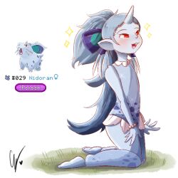  1girl blue_shirt blue_skin blue_skirt colored_skin commentary endifi horns kneeling long_hair nidoran nidoran_(female) open_mouth personification pointy_ears pokemon pokemon_(creature) red_eyes reference_inset shirt signature single_horn skirt sparkle very_long_hair 