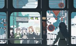  5girls absurdres bang_dream! bang_dream!_it's_mygo!!!!! black_hair black_jacket black_ribbon blazer blue_eyes blue_hair blue_shirt blue_skirt brh brown_eyes brown_hair closed_eyes closed_mouth clouds collared_shirt crychic_(bang_dream!) cumulonimbus_cloud diagonal-striped_clothes diagonal-striped_necktie falling_petals glass-breaking_hammer glitch green_hair green_jacket green_skirt grey_hair grey_neckerchief grey_skirt hair_ribbon haneoka_school_uniform highres jacket long_hair long_sleeves mole mole_under_eye multiple_girls nagasaki_soyo neck_ribbon neckerchief necktie open_mouth petals pleated_skirt power_lines purple_necktie railroad_crossing red_ribbon ribbon road_sign school_uniform shiina_taki shirt shirt_tucked_in short_hair sidelocks sign skirt stop_sign striped_clothes takamatsu_tomori togawa_sakiko train_interior tsukinomori_school_uniform two_side_up utility_pole violet_eyes wakaba_mutsumi white_shirt yellow_eyes 