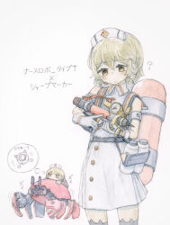  1girl :| ? absurdres black_gloves blonde_hair bone_71 braid buttons closed_mouth collared_dress crab_tank_(splatoon) double-parted_bangs dress gloves hair_between_eyes hat headset highres holding nurse nurse_cap nurse_robot_type_t orange_eyes painting_(medium) robot short_hair side_braids simple_background sleeveless sleeveless_dress splash-o-matic_(splatoon) splatoon_(series) tank_(container) thought_bubble traditional_media two-tone_gloves utau watercolor_(medium) white_background white_dress white_gloves white_hat 