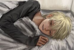  1boy bed_sheet black_shirt blonde_hair crying ear_piercing grey_eyes highres hishikentaiou indoors light_smile long_shirt lying male_focus on_side original piercing shirt short_hair sleeves_past_wrists solo tears under_covers 