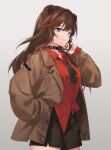  1girl absurdres animal_ears arknights bear_ears bear_girl black_necktie blue_eyes brown_hair choker fur_trim hand_in_pocket highres hongbaise_raw jacket light_smile long_hair long_sleeves looking_at_viewer multicolored_hair necktie open_clothes open_jacket red_shirt redhead shirt simple_background solo star_(symbol) streaked_hair white_background zima_(arknights) 