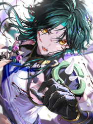  1boy bead_necklace beads black_gloves blood blood_on_face facial_mark fangs forehead_mark genshin_impact gloves gpnet green_hair highres jewelry male_focus multicolored_hair necklace open_mouth shirt solo xiao_(genshin_impact) yellow_eyes 