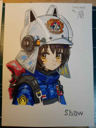  1girl absurdres arknights backpack bag blue_jacket blush brown_hair character_name closed_mouth commentary cropped_torso dated english_commentary expressionless firefighter helmet highres jacket looking_at_viewer marker_(medium) photo_(medium) shaw_(arknights) short_hair solo stupid_duran traditional_media yellow_eyes 