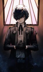  1boy absurdres arms_up belt black_jacket black_pants black_ribbon blue_eyes blue_hair closed_mouth collared_jacket collared_shirt cowboy_shot dark_blue_hair gekkoukan_high_school_uniform hair_over_one_eye headphones headphones_around_neck high_collar highres jacket lor_(roasyerizyonirapi) male_focus neck_ribbon one_eye_covered own_hands_clasped own_hands_together pants persona persona_3 ribbon school_uniform shirt shirt_tucked_in solo wing_collar yuuki_makoto_(persona_3) 