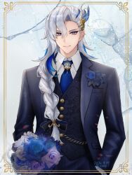  1boy absurdres black_vest blue_flower blue_hair blue_jacket blue_rose border bouquet braid collared_shirt commentary_request dated flower formal genshin_impact gold_border hair_between_eyes highres holding holding_bouquet jacket light_smile long_hair long_sleeves looking_at_viewer male_focus multicolored_hair neuvillette_(genshin_impact) ornate_border purple_flower pyongli rose shirt solo streaked_hair suit twitter_username upper_body very_long_hair vest violet_eyes white_flower white_hair white_shirt 