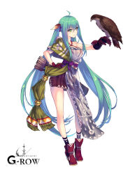  1girl aged_up ahoge bird black_socks commentary_request dare_ga_tame_no_alchemist full_body gloves green_hair hair_between_eyes hair_ornament hand_on_own_hip hawk highres looking_at_animal official_art outstretched_arm pleated_skirt quiver red_footwear red_gloves rinzo second-party_source simple_background skirt socks solo standing tina_(dare_ga_tame_no_alchemist) twintails white_background 