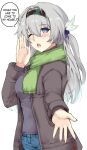  1girl absurdres black_coat black_hairband blush breasts coat commentary english_commentary english_text firefly_(honkai:_star_rail) green_scarf grey_hair grey_sweater hair_intakes hairband hand_up highres honkai:_star_rail honkai_(series) kagurachi long_hair looking_at_viewer medium_breasts one_eye_closed open_clothes open_coat open_mouth ribbed_sweater scarf solo speech_bubble sweater upper_body very_long_hair violet_eyes 