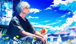  1boy black_pants black_shirt blue_eyes blue_sky building cat clouds day feet_out_of_frame from_side glasses gojou_satoru grass jujutsu_kaisen looking_up male_focus outdoors pants parted_lips plant profile shibakawaiiii shirt short_sleeves sitting sky solo white_hair 