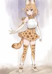  1girl :3 animal_ears bare_shoulders blonde_hair boots cat_ears cat_girl cat_tail earthisfire elbow_gloves extra_ears full_body gloves hair_between_eyes high-waist_skirt highres kemono_friends print_gloves print_skirt print_thighhighs serval_(kemono_friends) serval_print shirt short_hair sidelocks skirt sleeveless solo sparkle tail thigh-highs white_footwear white_shirt yellow_eyes zettai_ryouiki 