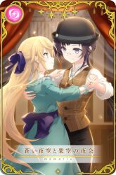  2girls artist_request back_bow black_hat blonde_hair blue_brooch blue_dress bow bowler_hat brown_vest buttons card_(medium) closed_mouth collared_dress collared_shirt couple cowboy_shot crossdressing curtains dancing dot_nose dress eye_contact eyelashes formal frilled_dress frilled_sleeves frills game_cg glasses hair_bow hand_on_another's_back hand_on_another's_shoulder happy hat hat_pin holding_hands indoors jewelry komachi_mikura light_particles long_dress long_hair long_sleeves looking_at_another low_ponytail magia_record:_mahou_shoujo_madoka_magica_gaiden mahou_shoujo_madoka_magica mihono_seira multiple_girls night official_alternate_costume official_art open_mouth picture_frame plaid_clothes plaid_vest purple_bow purple_hair ring round_eyewear shirt smile sparkle star_(symbol) string teeth translated very_long_hair vest violet_eyes white_shirt window yellow_eyes yuri 
