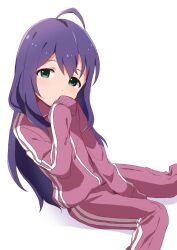  1girl absurdres ahoge arm_between_legs breasts buchi_(y0u0ri_) covered_mouth dot_nose green_eyes hair_between_eyes hand_up highres idolmaster idolmaster_million_live! idolmaster_million_live!_theater_days jacket long_hair long_sleeves looking_at_viewer mochizuki_anna pants purple_hair purple_jacket purple_pants simple_background sitting sleeves_past_fingers sleeves_past_wrists small_breasts solo track_jacket track_pants wariza white_background 
