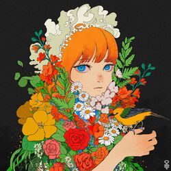  1girl artist_logo bird bird_on_hand black_background blue_eyes bonnet bouquet closed_mouth flower highres holding leaf looking_at_viewer oniku_kui_tai orange_flower orange_hair original pink_flower plant red_flower red_rose rose simple_background solo upper_body white_flower white_headwear yellow_flower 