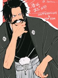  1boy abunaideka beard_stubble black_hair facial_hair gol_d._roger hakama hand_on_own_chin happy_birthday happy_new_year highres japanese_clothes jolly_roger kimono long_mustache looking_to_the_side male_focus mustache one_piece red_background short_hair smile solo stubble translation_request twitter_username upper_body 