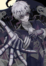 1boy black_crown crown everyone foreshortening formal ghost grave graveyard halloween hand_on_own_chest highres jack_skellington jacket kagachi_118 long_sleeves looking_at_viewer male_focus moon night outdoors pinstripe_pattern pinstripe_suit red_eyes short_hair skeleton skeleton_print sky smile smirk solo spirit stitches striped_clothes striped_jacket suit the_nightmare_before_christmas tombstone twisted_wonderland 