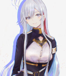  1girl 86_-eightysix- belt blue_jacket closed_mouth commentary_request cropped_jacket grey_eyes grey_hair hair_between_eyes highres jacket long_hair long_sleeves looking_at_viewer makitekka military_jacket military_uniform multicolored_hair o-ring o-ring_belt redhead shirt simple_background single_hair_streak smile solo two-tone_hair very_long_hair vladilena_millize white_shirt 