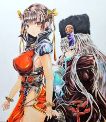  2girls blush breasts brown_hair charlotta_skopovskaya chest_harness china_dress chinese_clothes coat dress fur_hat grey_hair harness hat heaven_burns_red large_breasts li_yingxia long_hair looking_at_another midoriyamamuras multiple_girls painting_(medium) red_dress ribbon stuffed_animal stuffed_cat stuffed_toy traditional_media ushanka yellow_eyes yuri 