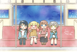  4girls :o aran_sweater black_hair black_pants black_skirt blonde_hair blue_eyes blue_jacket brown_hair brown_shorts cable_knit commentary gradient_hair green_eyes grey_eyes grey_hair highres hinomori_shiho hoshino_ichika_(project_sekai) jacket leo/need_(project_sekai) long_hair mochizuki_honami multicolored_hair multiple_girls pants pink_eyes pink_hair pointing project_sekai sa-fu_(sfmk39) shirt short_hair shorts side_ponytail sitting skirt smile sweater sweater_vest tenma_saki train_interior twintails waving white_shirt 