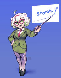  1girl animal_ears arrow_(symbol) bestfriendforever blue_background breasts business business_suit buttons chart commentary english_commentary ferret ferret_ears ferret_girl formal glasses graph green_eyes green_hair green_jacket highres holding holding_pointer indie_virtual_youtuber jacket laimu_(vtuber) looking_at_viewer meme multicolored_hair necktie office office_lady original pointer short_hair simple_background smile solo stonks_(meme) suit vinesauce virtual_youtuber white_hair whiteboard 