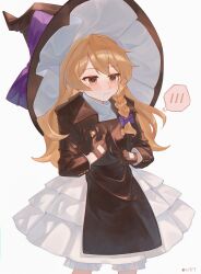  1girl absurdres black_gloves black_jacket blonde_hair bloomers blush bow cindy717 cowboy_shot dress gloves hair_bow hand_on_own_chest hat hat_bow highres jacket kirisame_marisa large_hat long_hair pointy_hat purple_bow solo thought_bubble touhou white_background white_bloomers white_dress witch_hat yellow_eyes 