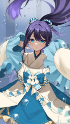  1girl absurdres blue_bow blue_eyes blue_skirt bow commission frilled_skirt frills hair_ornament highres indie_virtual_youtuber japanese_clothes k_(art71) long_hair mole mole_under_eye ponytail purple_hair skeb_commission skirt solo thank_you twitter_username uyumi_yu virtual_youtuber water wide_sleeves 