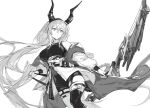  1girl arknights belt bow_(weapon) breasts commentary dot_nose dress frown highres holding holding_bow_(weapon) holding_weapon horns hug_(yourhug) jacket large_breasts long_hair looking_to_the_side multiple_belts red_pupils simple_background sketch solo spot_color thigh-highs typhon_(arknights) very_long_hair weapon white_background 