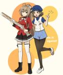  2girls amagi_brilliant_park antenna_hair black_footwear black_pantyhose black_ribbon black_skirt blue_headwear blue_shirt blue_skirt brown_eyes brown_hair commission english_text full_body gun holding holding_gun holding_weapon index_finger_raised jacket long_sleeves magi_monpe magical_musket multiple_girls open_mouth original pantyhose red_jacket ribbon sento_isuzu shirt skeb_commission skirt thigh-highs vest weapon white_footwear white_ribbon white_thighhighs white_vest 