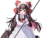  1girl alternate_costume apron ascot bow brown_hair enmaided frilled_bow frilled_hair_tubes frills hair_bow hair_tubes hakurei_reimu long_hair long_sleeves looking_at_viewer maid maid_apron maid_headdress open_mouth red_ascot red_bow red_eyes skirt_hold solo touho_0505 touhou very_long_hair white_apron 