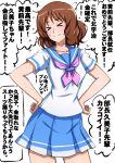  &gt;_&lt; 1girl blouse blue_sailor_collar blue_skirt brown_hair closed_mouth commentary cowboy_shot facing_viewer flying_sweatdrops hands_on_own_hips hibike!_euphonium highres kitauji_high_school_uniform medium_hair miniskirt neckerchief omachi_(slabco) oumae_kumiko pink_neckerchief pleated_skirt sailor_collar school_uniform serafuku shirt short_hair short_sleeves skirt smile solo standing summer_uniform sweatdrop translated white_shirt 