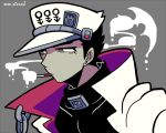  1boy androgyne_symbol black_hair black_shirt chain cigarette coat colored_skin earrings eyelashes green_eyes grey_background grey_skin hat jewelry jojo_no_kimyou_na_bouken kotorai kujo_jotaro looking_ahead male_focus shirt short_hair sideburns signature simple_background smoke_trail smoking solo upper_body white_coat white_headwear 