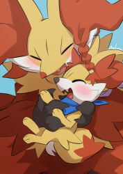  blue_background blush braid carrying claws closed_eyes delphox evolutionary_line fang fangs fennekin happy highres makoto_ikemu open_mouth pokemon pokemon_(creature) simple_background single_braid smile 