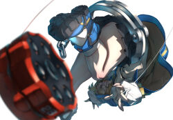 1girl absurdres ass blonde_hair bridget_(guilty_gear) female_focus fingerless_gloves gloves guilty_gear guilty_gear_strive highres hood hooded_jacket hoodie jacket long_sleeves looking_at_viewer pleated_skirt skirt solo teppu_tora thigh-highs upside-down white_background yo-yo