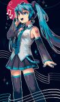  1girl :d bare_shoulders beamed_eighth_notes belt black_skirt black_sleeves black_thighhighs blue_eyes blue_hair blue_necktie collared_shirt detached_sleeves eighth_note feet_out_of_frame hair_between_eyes hand_on_own_head hatsune_miku highres long_hair long_sleeves looking_ahead loose_belt makorie miniskirt music musical_note necktie number_tattoo open_mouth pleated_skirt shirt sidelocks singing skirt sleeveless sleeveless_shirt smile solo staff_(music) tattoo teeth thigh-highs tie_clip twintails upper_teeth_only very_long_hair vocaloid white_shirt zettai_ryouiki 