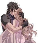  1boy 1girl aerith_gainsborough armor bangle bare_shoulders black_gloves black_hair bracelet brown_hair commentary couple crisis_core_final_fantasy_vii dress final_fantasy final_fantasy_vii final_fantasy_vii_rebirth final_fantasy_vii_remake gloves hand_on_another&#039;s_head highres hug jewelry long_hair parted_lips pink_dress shoulder_armor sleeveless sleeveless_dress sleeveless_turtleneck spiky_hair sweater sylvthea tears turtleneck turtleneck_sweater upper_body white_background zack_fair 