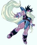  1boy absurdres black_eyes black_hair boots bracer cloak dragon_ball dragon_ball_z dutch_angle evil_smile fingerless_gloves floating floating_cape full_body gloves hair_between_eyes highres male_focus monkey_tail muscular muscular_male oharu2000 open_hand saiyan saiyan_armor scouter sleeveless smile solo spiky_hair tail tail_around_waist tullece white_background 