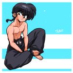  1boy barefoot between_legs black_hair black_pants blue_eyes braid braided_ponytail frown hand_between_legs head_tilt looking_at_viewer muscular muscular_male pants ranma_1/2 saotome_ranma signature topless_male two-tone_background wanta_(futoshi) 