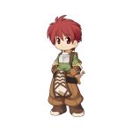  1boy backpack bag boots brown_footwear brown_gloves brown_pants chest_guard chibi closed_mouth dagger full_body gloves green_shirt hair_between_eyes hands_on_own_hips holding holding_weapon knife looking_at_viewer male_focus medium_bangs novice_(ragnarok_online) official_art pants ragnarok_online red_eyes redhead scabbard scar scar_on_cheek scar_on_face sheath sheathed shirt short_hair simple_background smile solo standing tachi-e transparent_background weapon yuichirou 