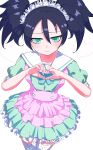  1girl 5_rebbeccas absurdres animal_ear_legwear apron bags_under_eyes black_hair blue_bow blue_bowtie blush bow bowtie cat_ear_legwear closed_mouth commentary dress frilled_apron frills green_dress green_eyes green_ribbon hair_between_eyes heart heart_background heart_hands highres kuroki_tomoko looking_at_viewer maid maid_headdress official_alternate_costume official_alternate_hairstyle pink_apron pleated_dress puffy_short_sleeves puffy_sleeves ribbon sailor_collar short_sleeves sidelocks simple_background solo standing sweat thigh-highs watashi_ga_motenai_no_wa_dou_kangaetemo_omaera_ga_warui! white_background white_sailor_collar white_thighhighs 