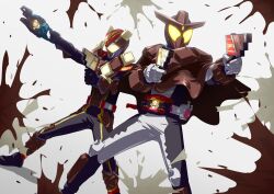  2boys armor bodysuit boots brown_armor brown_gloves candy capelet chocodan_(brown_chocolate) chocodon_(white_chocolate) chocolate cowboy_hat cowboy_western dual_wielding energy_gun food full_armor full_body gauntlets gloves glowing grey_bodysuit gun hat henshin_belt_gavv highres holding holding_gun holding_weapon kamen_rider kamen_rider_gavv kamen_rider_gavv_(series) kamen_rider_valen looking_at_viewer male_focus multiple_boys otokamu power_armor red_armor rider_belt ripping simple_background standing tokusatsu weapon white_background yellow_eyes 
