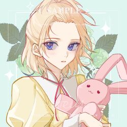 absurdres blonde_hair blue_eyes commission flower green_background green_flower green_rose highres holding holding_stuffed_toy jeathur juliet_sleeves long_sleeves original ouran_high_school_host_club ouran_high_school_uniform puffy_sleeves rose school_uniform short_hair stuffed_animal stuffed_rabbit stuffed_toy upper_body 