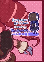  2girls back_bow back_cover black_bow black_capelet black_dress black_eyes black_footwear black_gloves black_shorts black_wrist_cuffs blue_bow blue_eyeshadow blue_hairband blue_shirt boots border bow brown_hair capelet chibi circle_name collared_capelet colored_extremities commentary_request copyright_name cover cowboy_shot dress drill_hair english_text eyeshadow fingerless_gloves frilled_capelet frilled_shorts frilled_wrist_cuffs frills from_behind garie_tuman gloves hair_bow hairband hands_on_own_hips juliet_sleeves long_hair long_sleeves makeup medium_dress medium_hair micha_jawkan midriff multiple_girls outside_border pinafore_dress pink_background polka_dot polka_dot_background puffy_sleeves red_border redhead senki_zesshou_symphogear shirt shorts sleeveless sleeveless_dress solid_oval_eyes standing striped_bow twin_drills two-tone_bow white_bow wrist_cuffs yuzuno_nana 